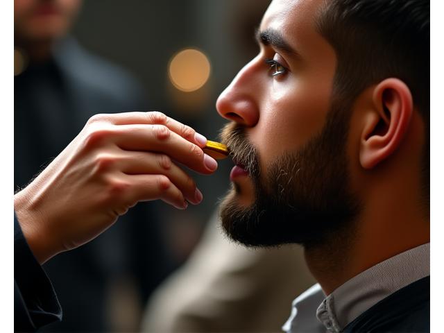 Barber meticulously styling a client's mustache with wax and a fine comb, showing attention to detail and traditional technique.