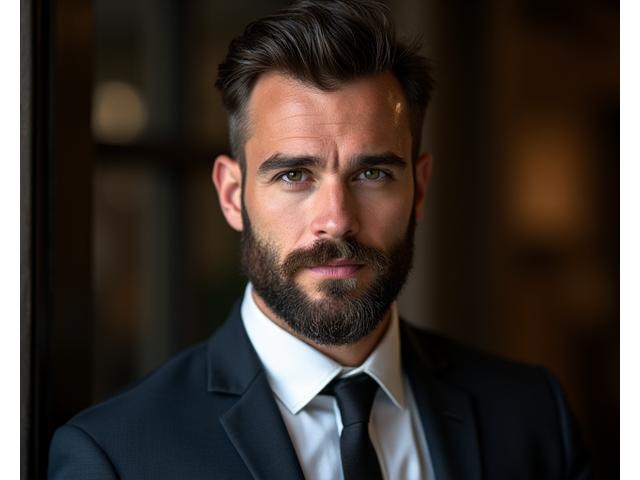 A confident man with a perfectly groomed beard and mustache, dressed for a special occasion, exuding sophistication.