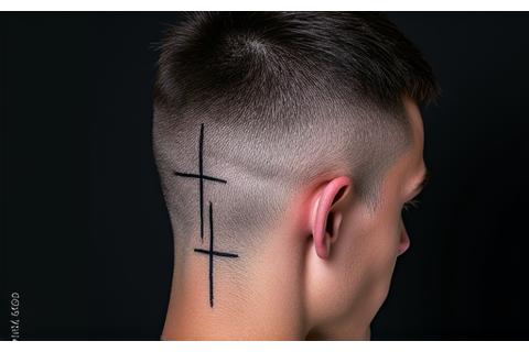 Geometric hair tattoo design on the side of a man's head.